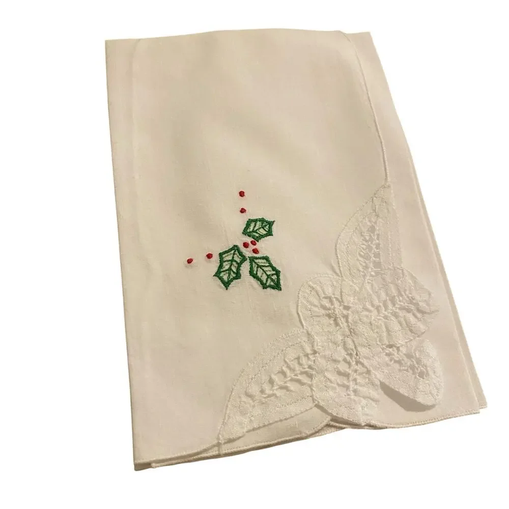 SET OF 3 Vintage Hand Stitched Embroidered Napkins & Crochet Corners 15.5 x 15.5